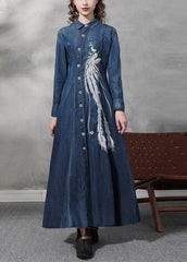 Slim Fit Blue Peter Pan Collar Button Waist retraction Embroideried Cotton Denim Dresses Long Sleeve nz-FDL220304