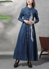 Slim Fit Blue Peter Pan Collar Button Waist retraction Embroideried Cotton Denim Dresses Long Sleeve nz-FDL220304