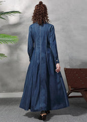 Slim Fit Blue Peter Pan Collar Button Waist retraction Embroideried Cotton Denim Dresses Long Sleeve nz-FDL220304