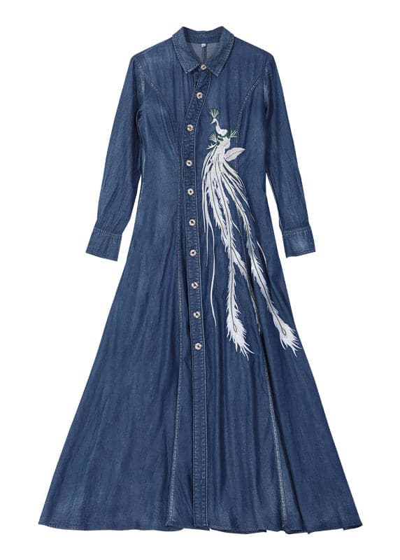 Slim Fit Blue Peter Pan Collar Button Waist retraction Embroideried Cotton Denim Dresses Long Sleeve nz-FDL220304