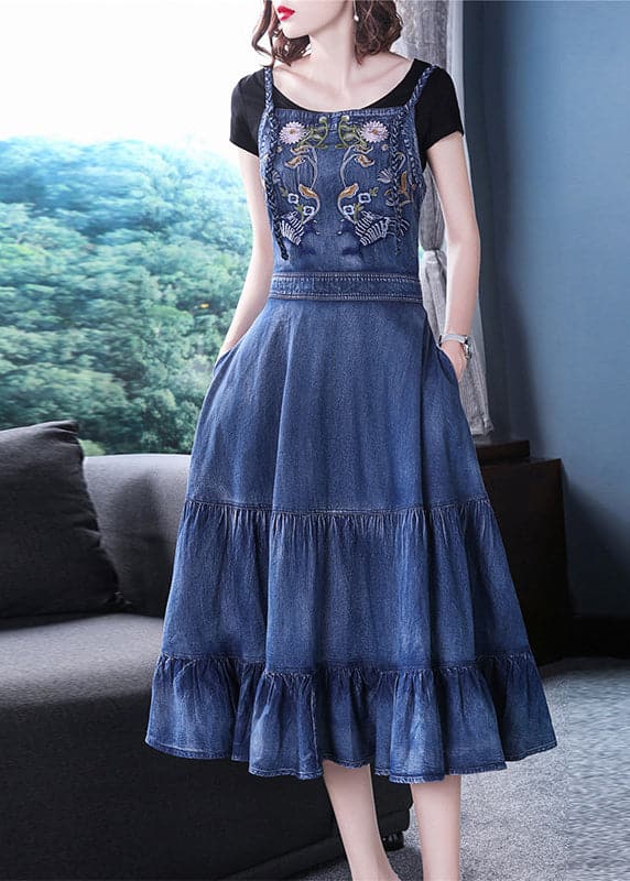 Slim Fit Blue Ruffles Embroideried Spaghetti Strap Cotton Denim Dresses Spring NZ-SDL220304