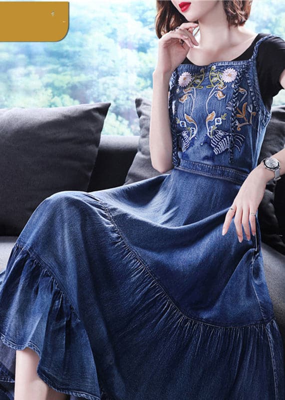 Slim Fit Blue Ruffles Embroideried Spaghetti Strap Cotton Denim Dresses Spring NZ-SDL220304