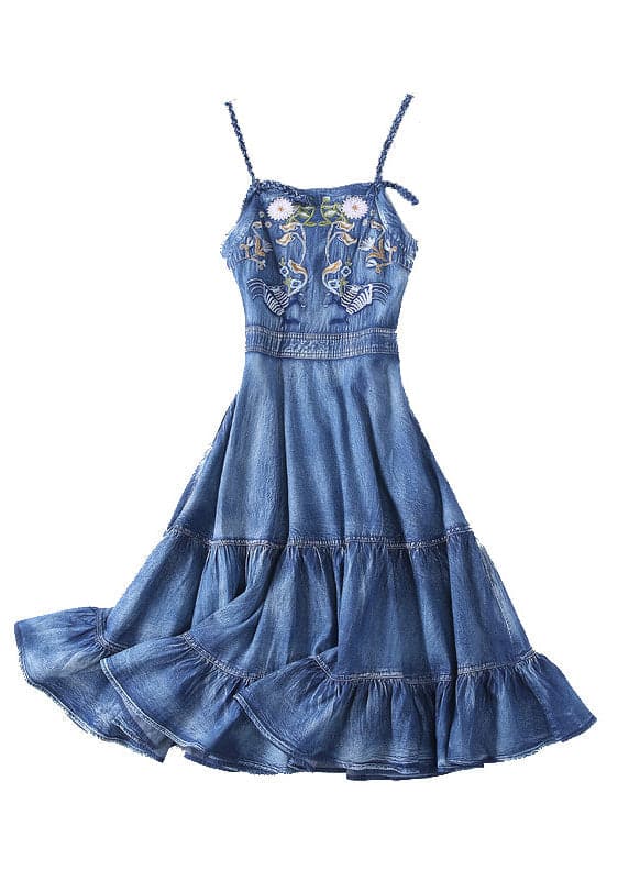 Slim Fit Blue Ruffles Embroideried Spaghetti Strap Cotton Denim Dresses Spring NZ-SDL220304