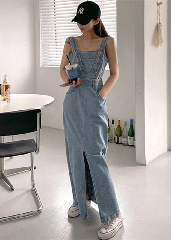 Slim Fit Blue Slash Neck Button Pockets Backless Denim Dress Sleeveless HS-SDL220407