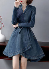 Slim Fit Blue V Neck Embroideried Sashes Cotton Denim Cinch Dress Long Sleeve NZ-FDM220606