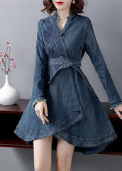 Slim Fit Blue V Neck Embroideried Sashes Cotton Denim Cinch Dress Long Sleeve NZ-FDM220606