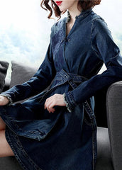 Slim Fit Blue V Neck Embroideried Sashes Cotton Denim Cinch Dress Long Sleeve NZ-FDM220606