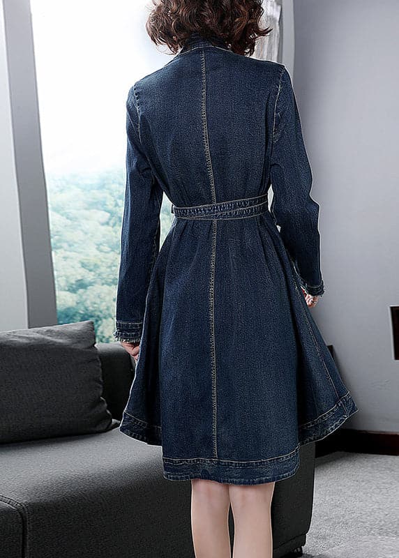 Slim Fit Blue V Neck Embroideried Sashes Cotton Denim Cinch Dress Long Sleeve NZ-FDM220606