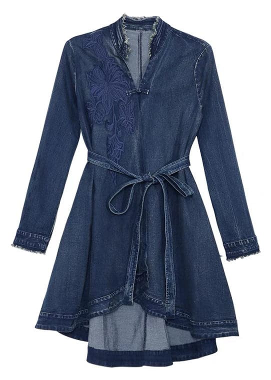 Slim Fit Blue V Neck Embroideried Sashes Cotton Denim Cinch Dress Long Sleeve NZ-FDM220606