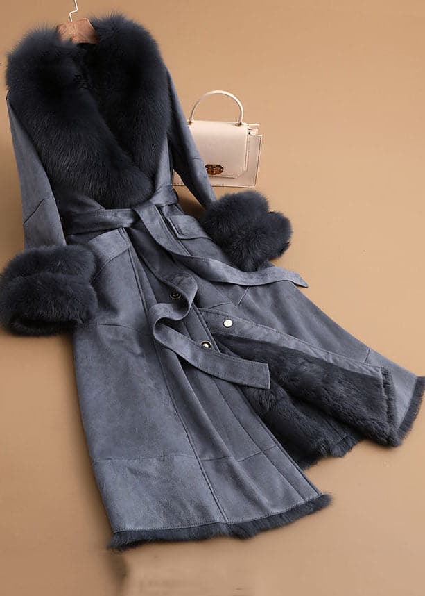 Slim Fit Denim Blue Fox collar Sashes Pockets Leather And Fur Parkas Winter GK-DJK220830