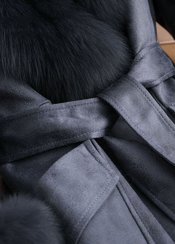 Slim Fit Denim Blue Fox collar Sashes Pockets Leather And Fur Parkas Winter GK-DJK220830