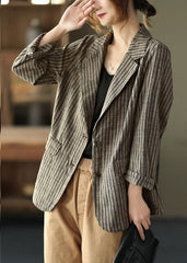 Slim Fit Khaki Notched Collar Button Pockets Striped Cotton Linen Coats Long Sleeve GK-CTS220804