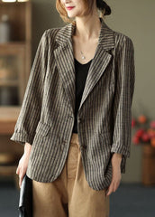 Slim Fit Khaki Notched Collar Button Pockets Striped Cotton Linen Coats Long Sleeve GK-CTS220804