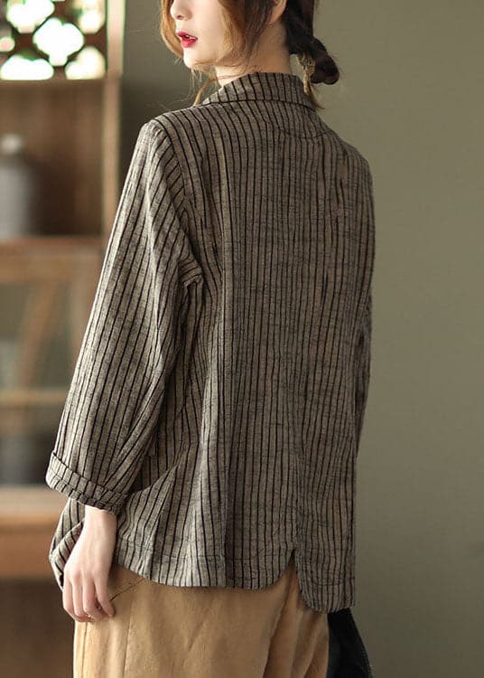 Slim Fit Khaki Notched Collar Button Pockets Striped Cotton Linen Coats Long Sleeve GK-CTS220804