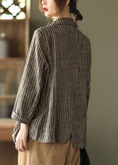 Slim Fit Khaki Notched Collar Button Pockets Striped Cotton Linen Coats Long Sleeve GK-CTS220804