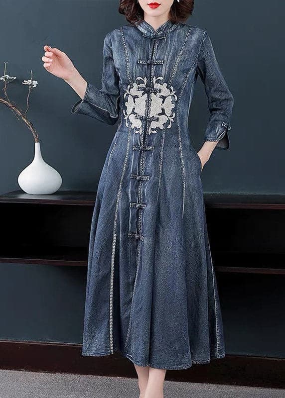 Slim Fit Navy Stand Collar Embroideried Cotton Denim Dress Long Sleeve nz-FDL220304