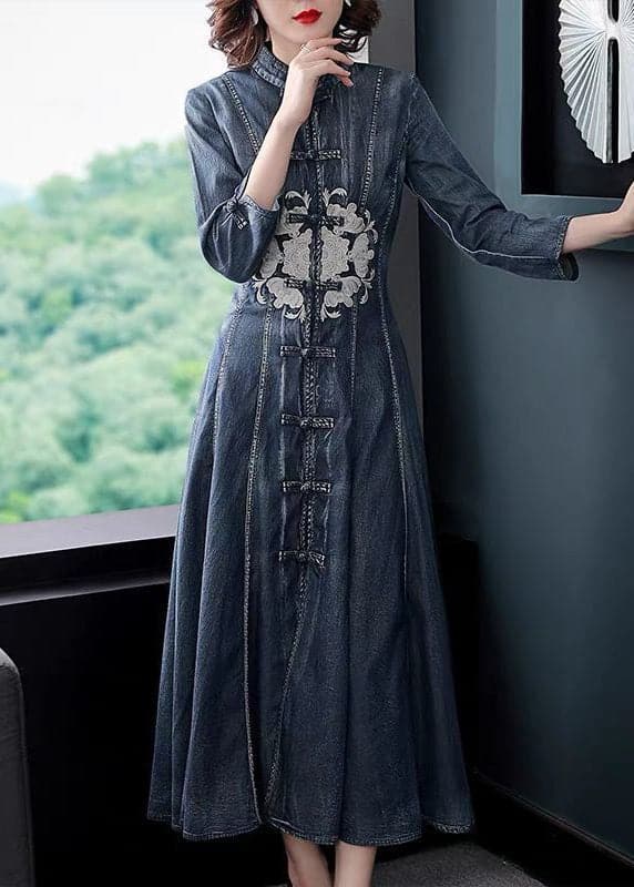 Slim Fit Navy Stand Collar Embroideried Cotton Denim Dress Long Sleeve nz-FDL220304