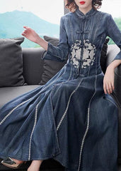 Slim Fit Navy Stand Collar Embroideried Cotton Denim Dress Long Sleeve nz-FDL220304