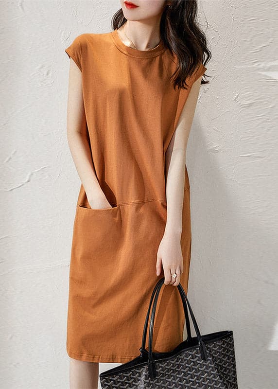 Slim Fit Orange O-Neck Pockets Long Dress Short Sleeve GK-SDL220422