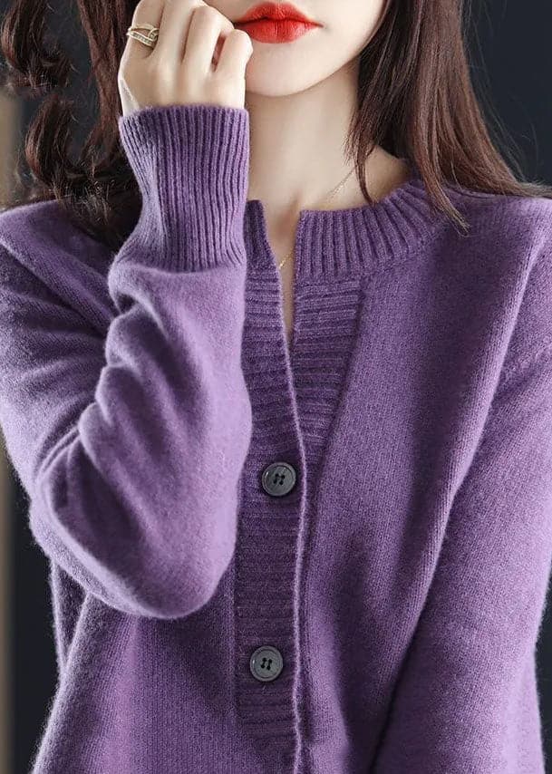 Slim Fit Purple O-Neck Button Thick Woolen Knit Coats Winter GK-NCT220830