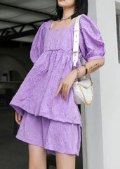 Slimming suit new large size bubble sleeve purple shirt shorts two-piece suit AT-SDM200723