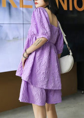 Slimming suit new large size bubble sleeve purple shirt shorts two-piece suit AT-SDM200723