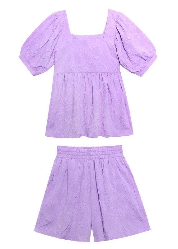 Slimming suit new large size bubble sleeve purple shirt shorts two-piece suit AT-SDM200723