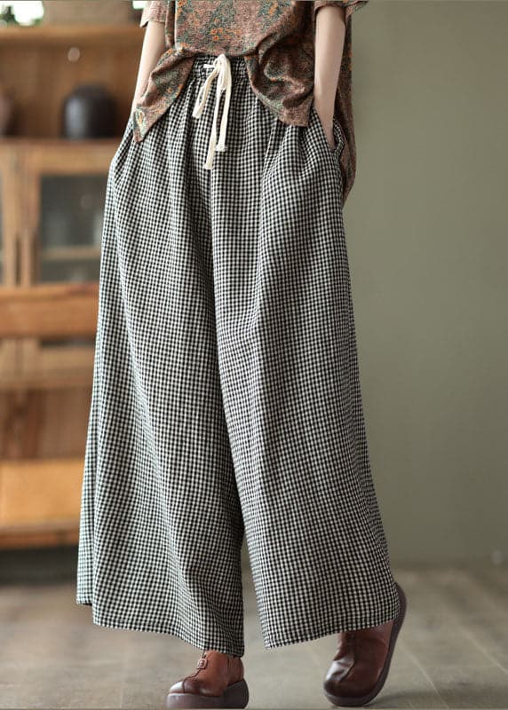 Small Plaid Loose Linen Wide Leg Pants Drawstring Summer GK-LPTS220509