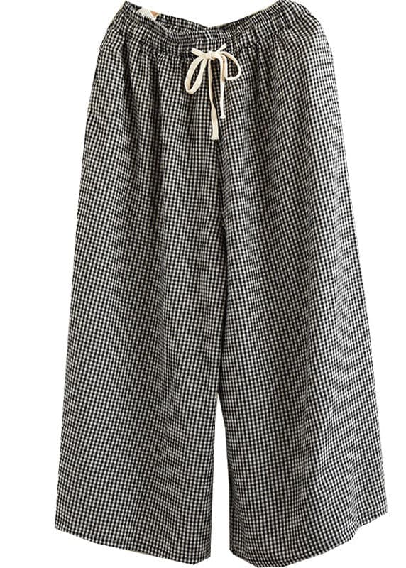 Small Plaid Loose Linen Wide Leg Pants Drawstring Summer GK-LPTS220509