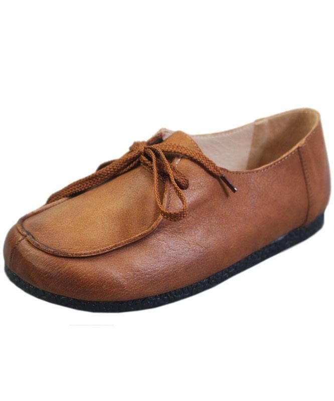 Soft Flat Shoes Brown Cowhide Leather Loafers For Women PDX210617