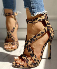 Soft Leopard Print Cross Strap zippered Stiletto Sandals Velour Fabric GW-GGX22061501