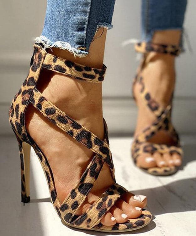 Soft Leopard Print Cross Strap zippered Stiletto Sandals Velour Fabric GW-GGX22061501