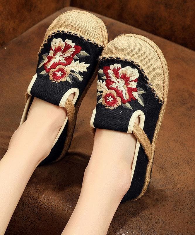 Soft Splicing Flats Black Cotton Linen Fabric Embroideried Flats Shoes PDX210706