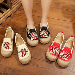 Soft Splicing Flats Black Cotton Linen Fabric Embroideried Flats Shoes PDX210706