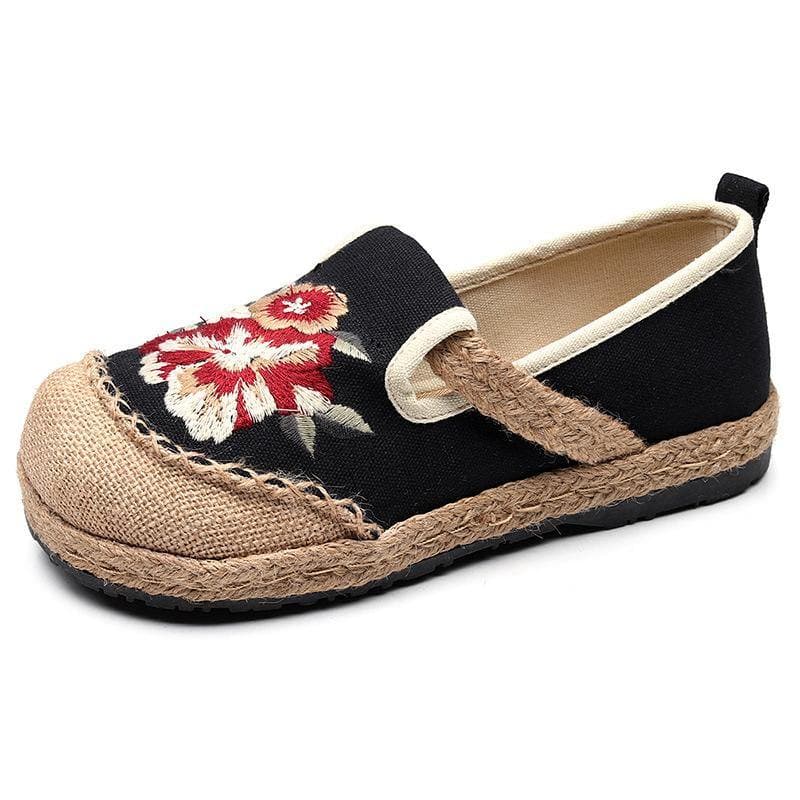 Soft Splicing Flats Black Cotton Linen Fabric Embroideried Flats Shoes PDX210706