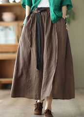 Solid Coffee Linen A Line Skirt Side Open Pockets Summer GK-SKTS220815