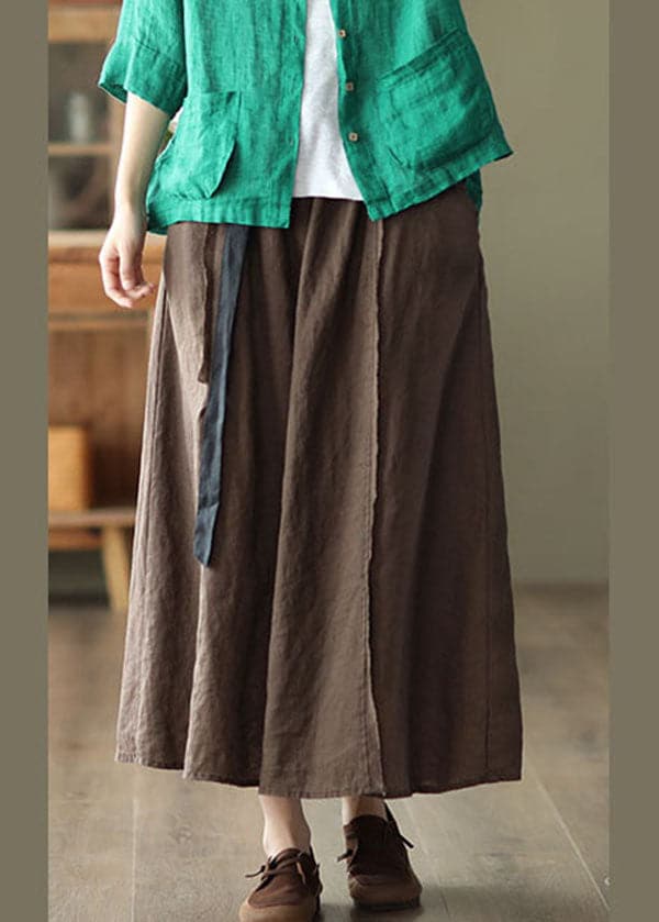 Solid Coffee Linen A Line Skirt Side Open Pockets Summer GK-SKTS220815