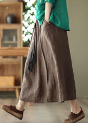 Solid Coffee Linen A Line Skirt Side Open Pockets Summer GK-SKTS220815