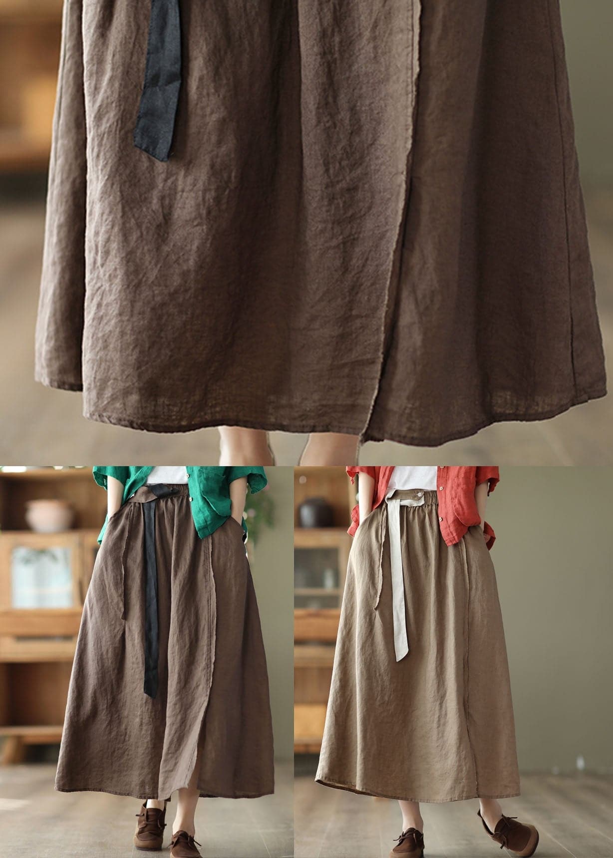 Solid Coffee Linen A Line Skirt Side Open Pockets Summer GK-SKTS220815