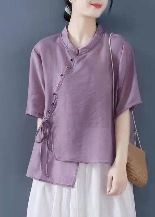 Solid Purple Patchwork Shirt Top Chinese Style Button Half Sleeve gk-HTP220425