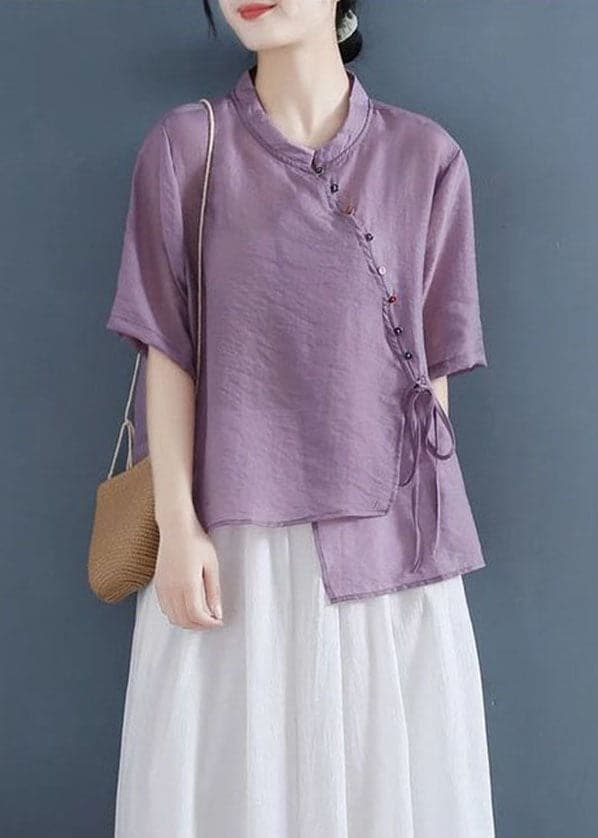 Solid Purple Patchwork Shirt Top Chinese Style Button Half Sleeve gk-HTP220425