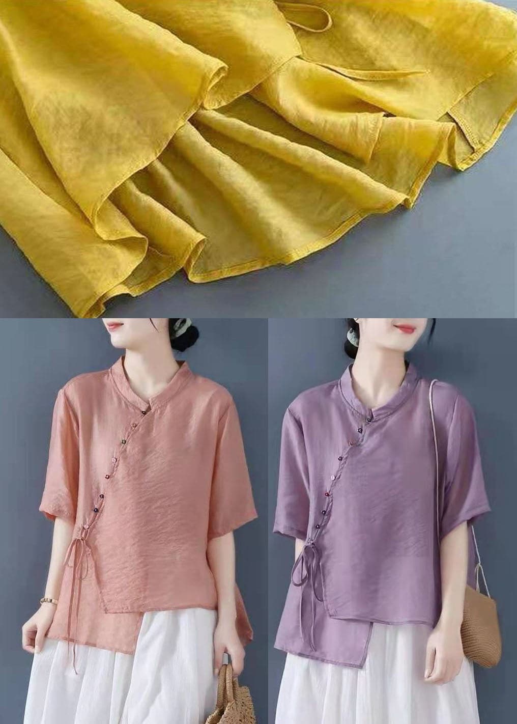 Solid Purple Patchwork Shirt Top Chinese Style Button Half Sleeve gk-HTP220425