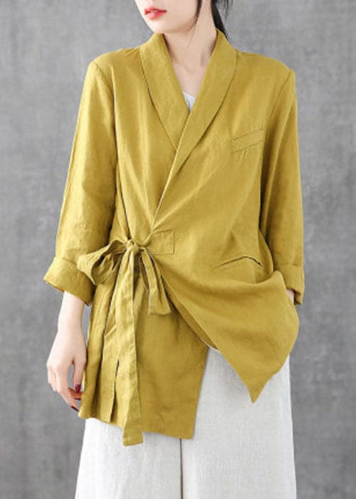 Solid Yellow Linen Coats Notched Collar Tie Waist Long Sleeve GK-CTS220815