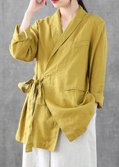 Solid Yellow Linen Coats Notched Collar Tie Waist Long Sleeve GK-CTS220815