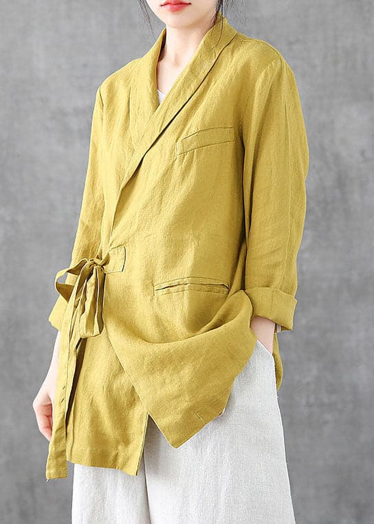 Solid Yellow Linen Coats Notched Collar Tie Waist Long Sleeve GK-CTS220815