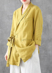 Solid Yellow Linen Coats Notched Collar Tie Waist Long Sleeve GK-CTS220815