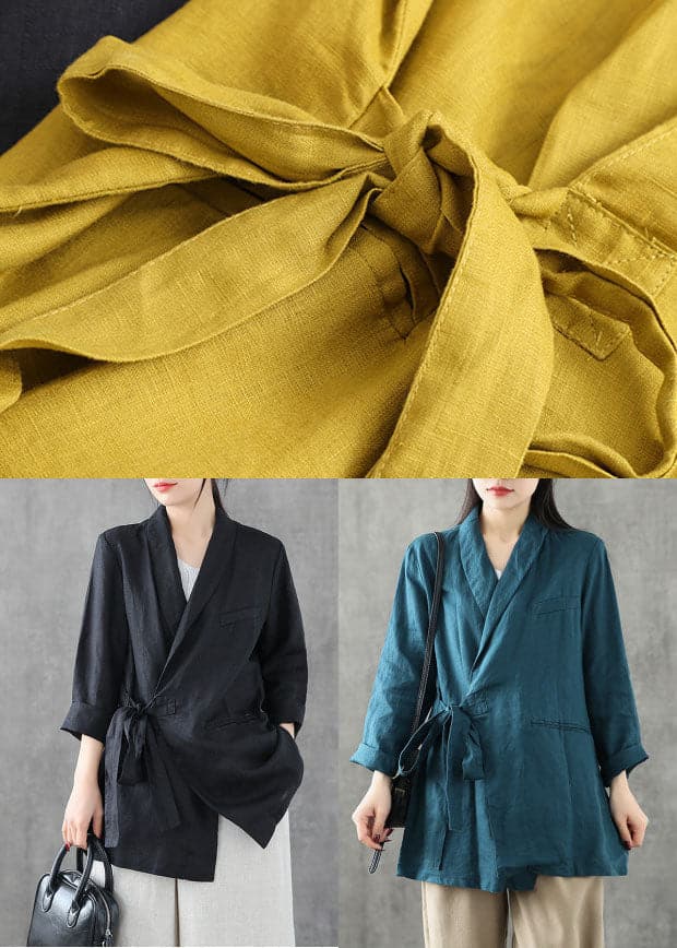 Solid Yellow Linen Coats Notched Collar Tie Waist Long Sleeve GK-CTS220815