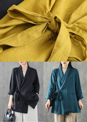 Solid Yellow Linen Coats Notched Collar Tie Waist Long Sleeve GK-CTS220815