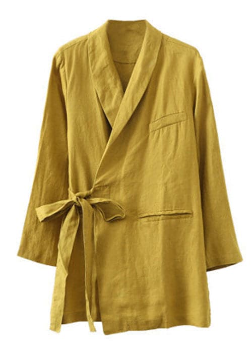 Solid Yellow Linen Coats Notched Collar Tie Waist Long Sleeve GK-CTS220815