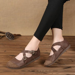 Splicing Brown Flat Feet Shoes Buckle Strap Flats PDX210706